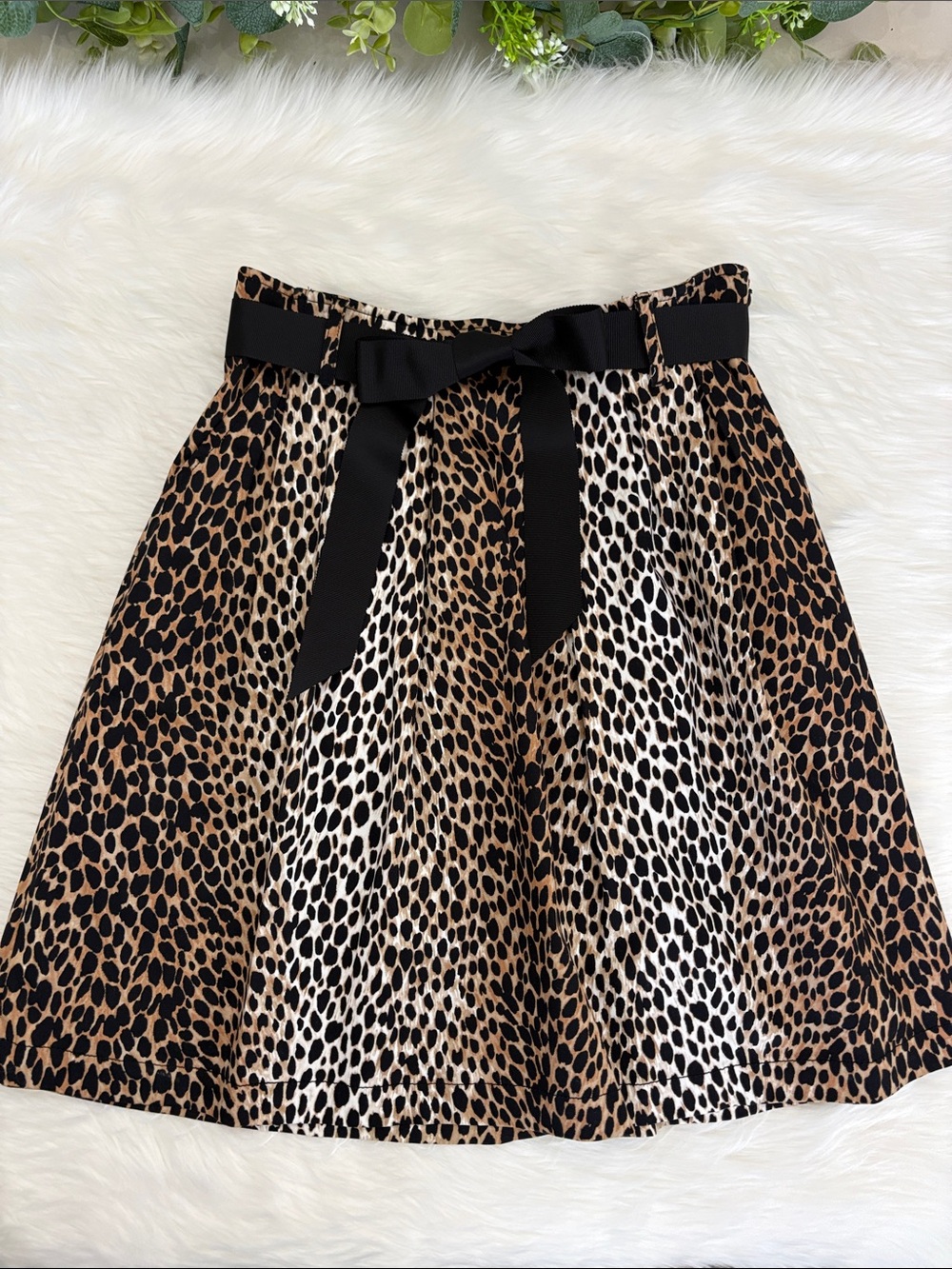 WHBM Leopard Print A-Line Skirt with Black Ribbon Waist